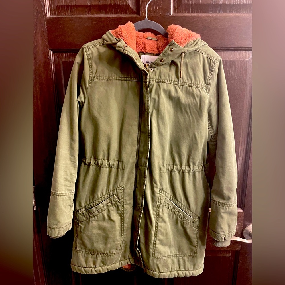 Old Navy Olive Green Utility Jacket with Orange Sherpa Lining